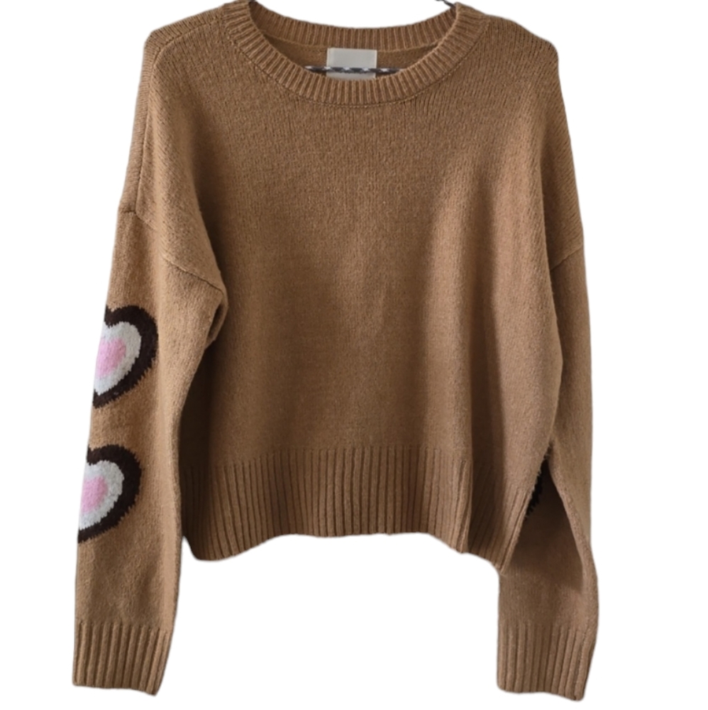 NO COMMENT BRAND WOMEN'S GOLDEN BROWN SWEATER WITH HEARTS ON SLEEVES SIZE SMALL